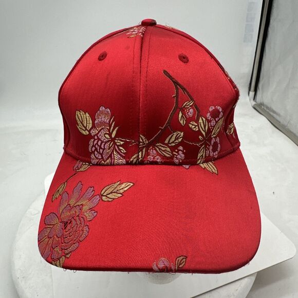 Vintage Asian Oriental Hat Unisex Adult Chinese Floral Red Adjustable Strap Cap - Picture 1 of 9
